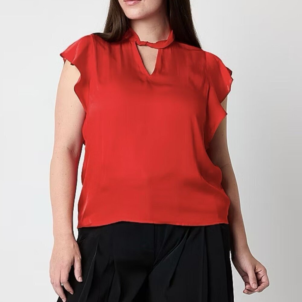 Worthington Women's Short Sleeve Satin Blouse Size M Red Keyhole Neck NWT$48